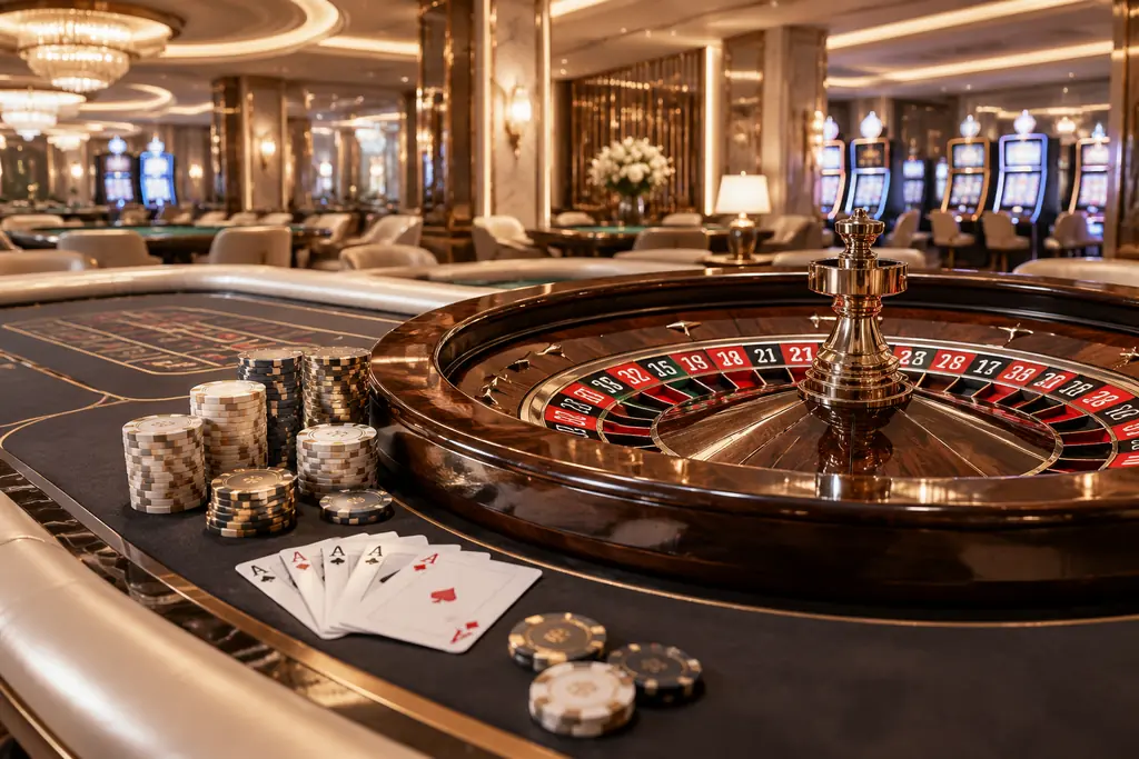 Ilustrasi ruang kasino dengan meja roulette, kartu, dan cahaya hangat