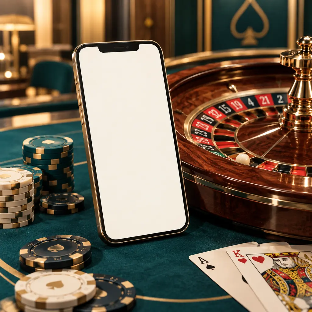 Ponsel di samping roda roulette dan keping kasino