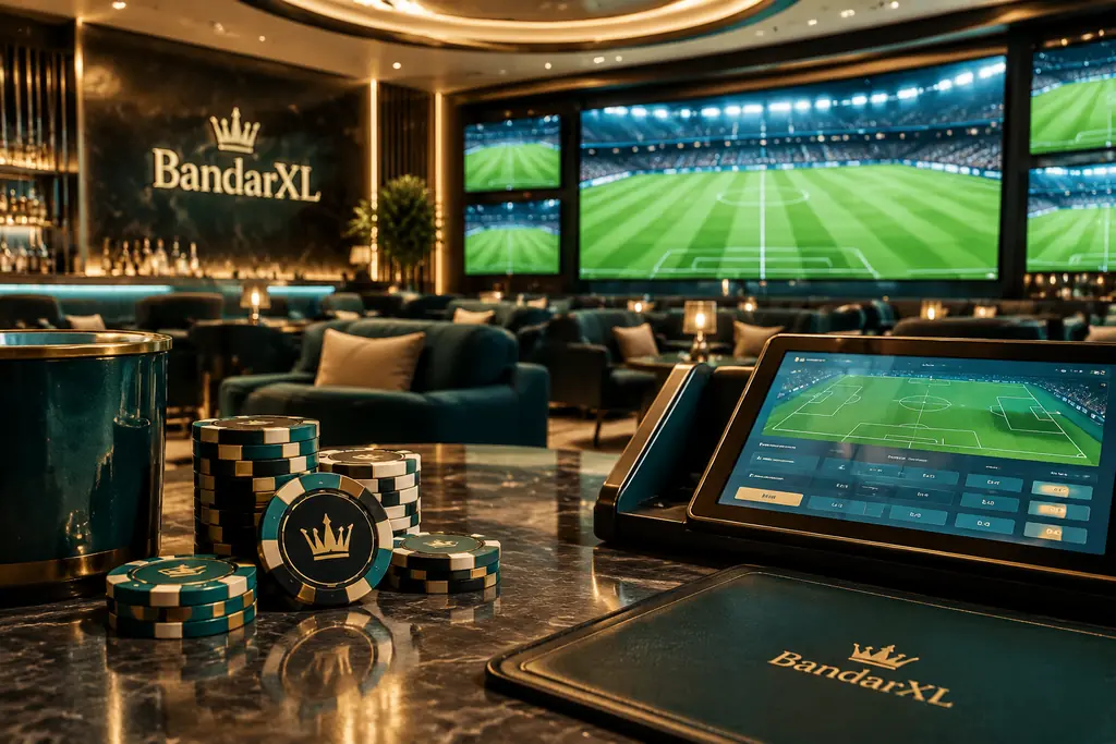 Ruang sportsbook dengan layar lapangan sepak bola